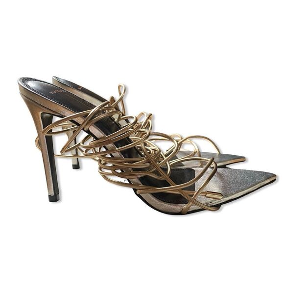 BLACK SUEDE STUDIO Talia Heels shoes Sandals Silver Gold ankle tie Revolve 8.5 - Picture 7 of 15